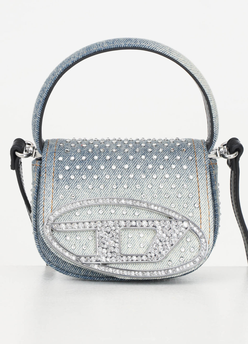 Borsa mini a tracolla in denim da donna con logo oval D e strass