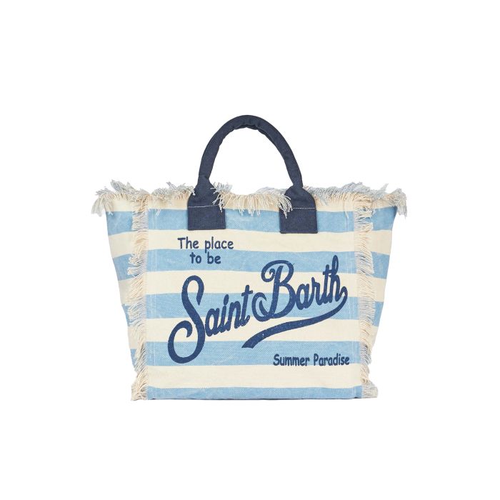 Borsa a spalla Vanity in canvas di cotone con stampa a righe azzurre