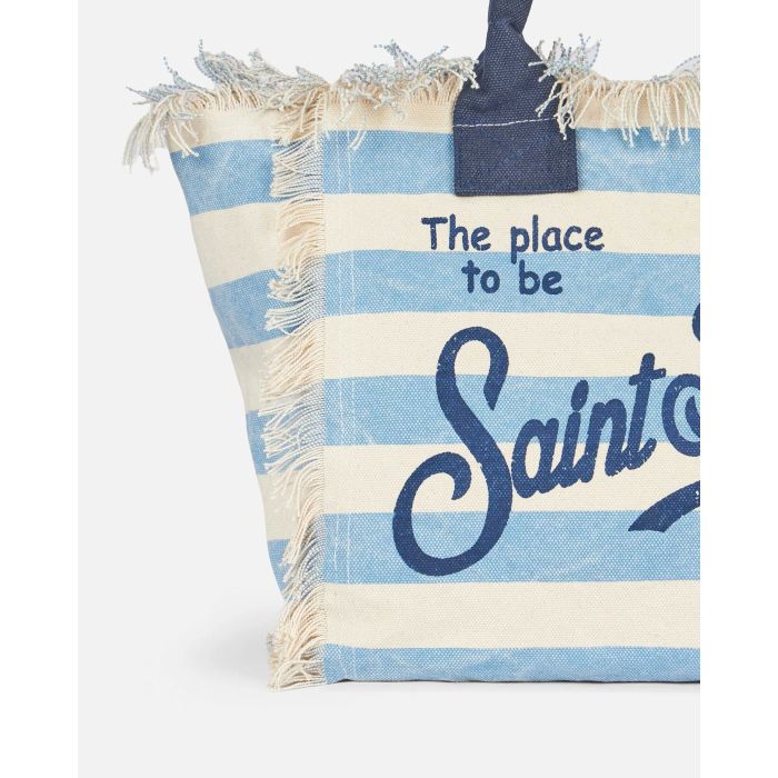 Borsa a spalla Vanity in canvas di cotone con stampa a righe azzurre