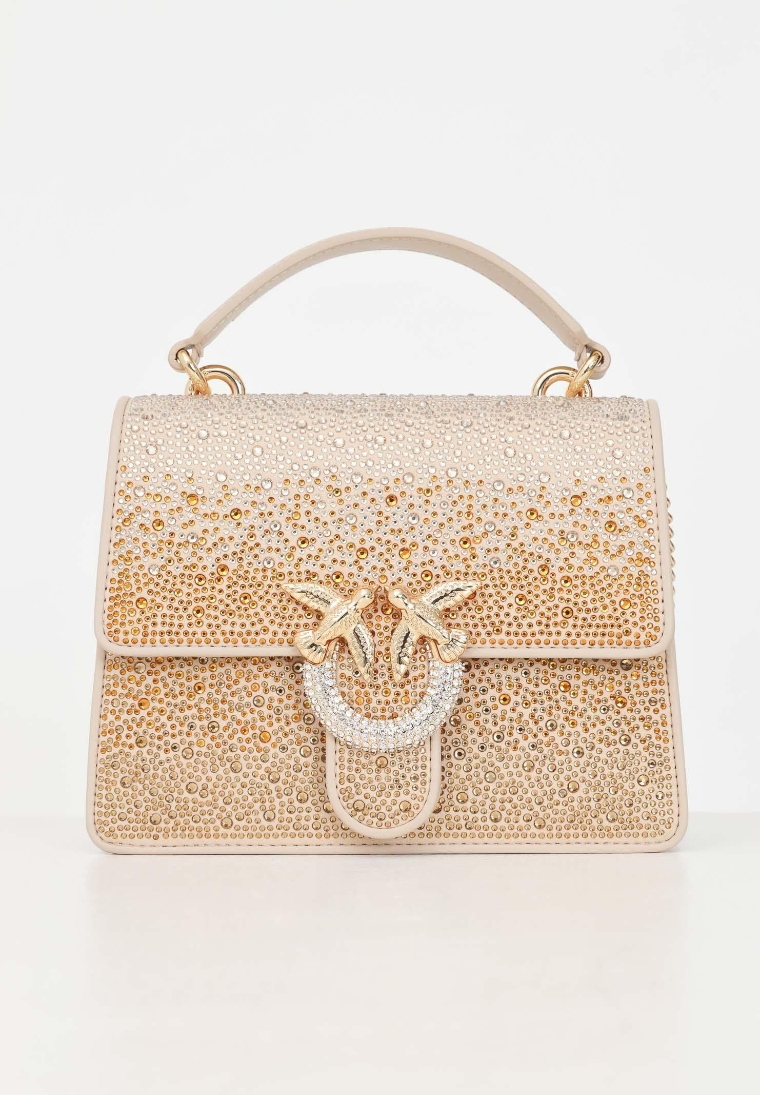 Borsa a mano Mini Love Bag beige da donna con strass